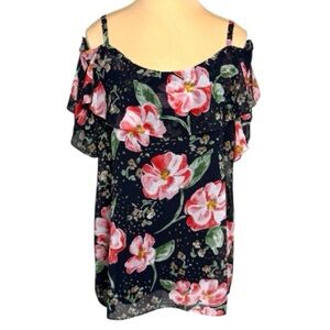 Cabi Navy Blue, Pink, Green, Brown Floral Ruffled Cold Shoulder Blouse
